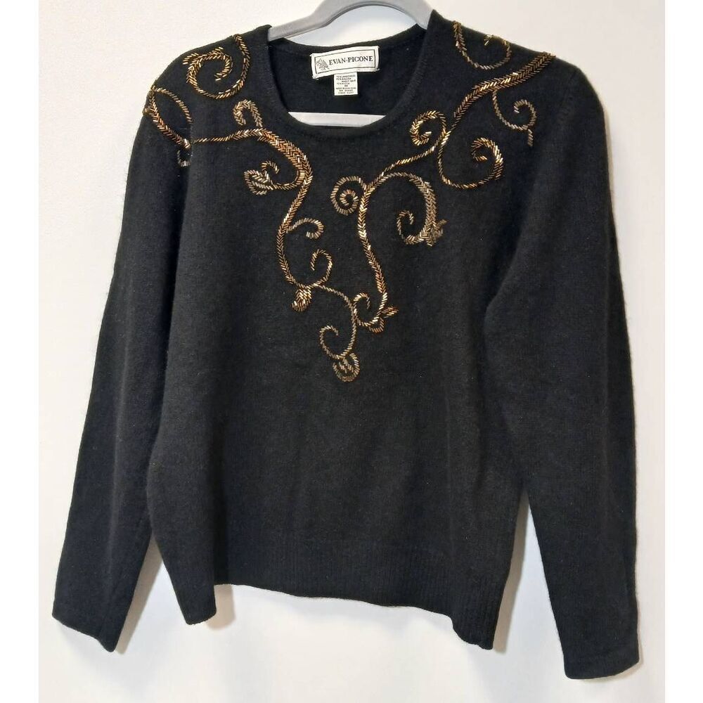 Vintage 90's evan picone womens medium angora sweater black rust brown beaded